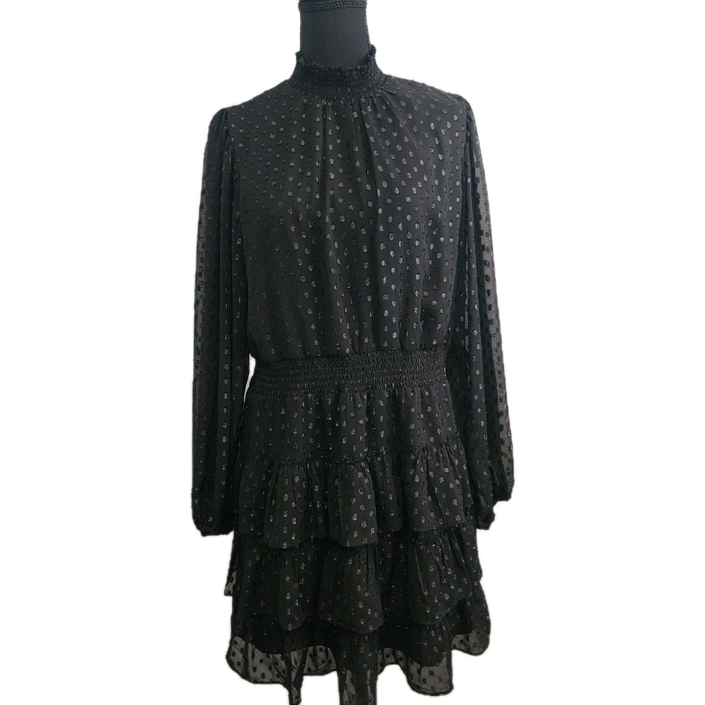 Express Black Sheer Tiered Dress L Smocked Goth Whimsy Dark Romance Witchy Fairy